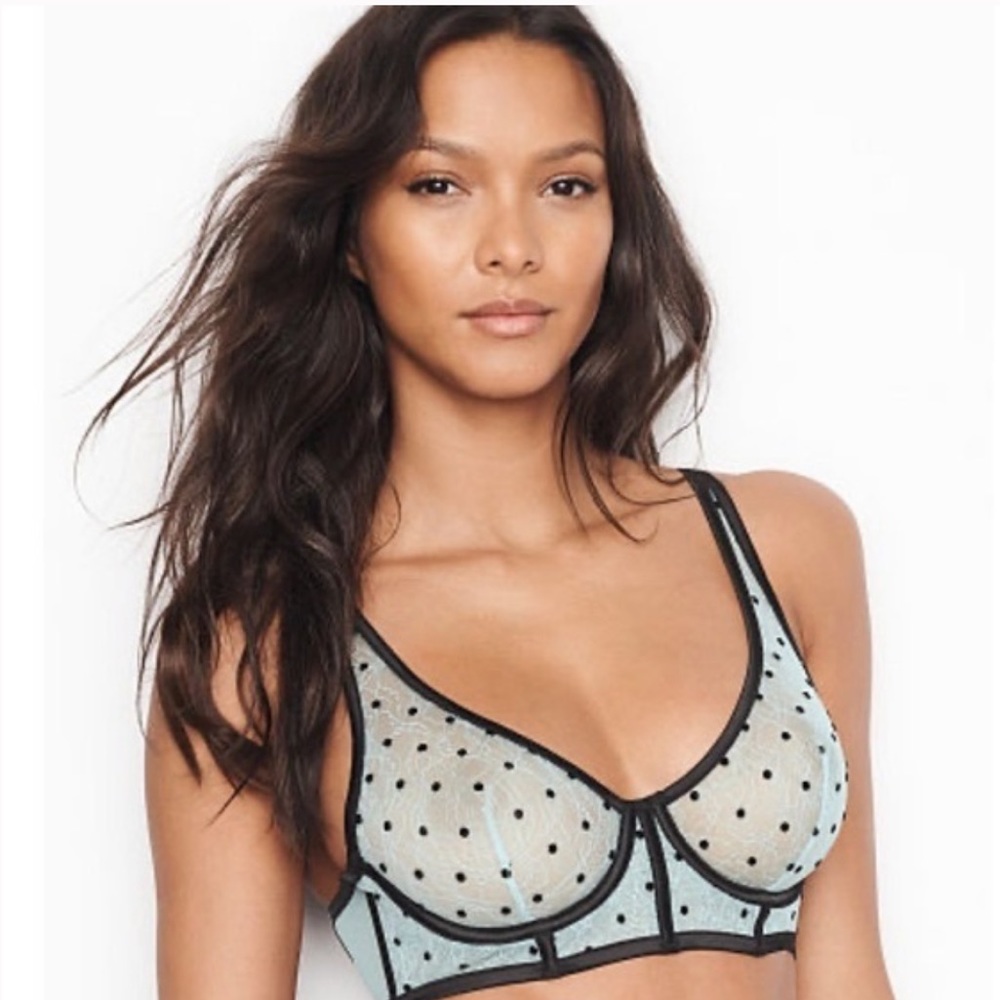 Victoria’s Secret Unlined Plunge Bra Frosty Blue and Satin Black Size 34D